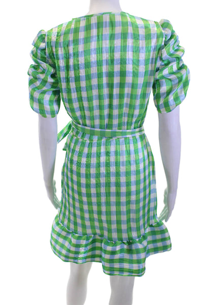 Tanya Taylor Womens Wrap Dress Green Check V-Neck Short Sleeve Mini Size 0