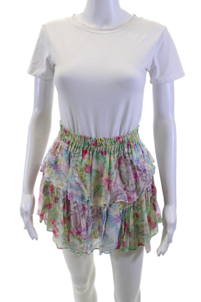 Love Shack Fancy Womens Peasant Mini Green Floral Viscose Skirt Size XS