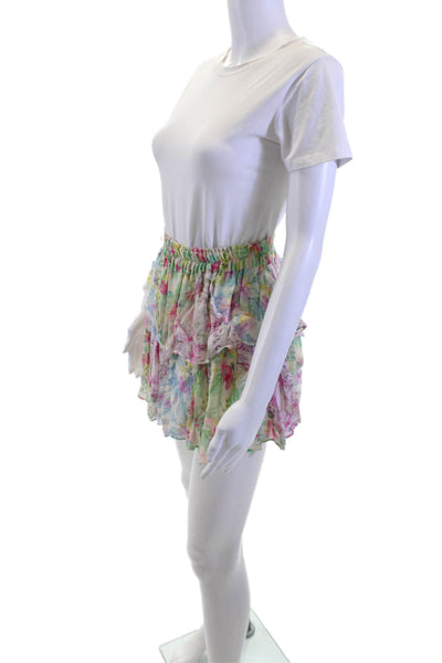 Love Shack Fancy Womens Peasant Mini Green Floral Viscose Skirt Size XS