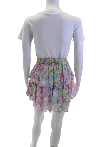 Love Shack Fancy Womens Peasant Mini Green Floral Viscose Skirt Size XS