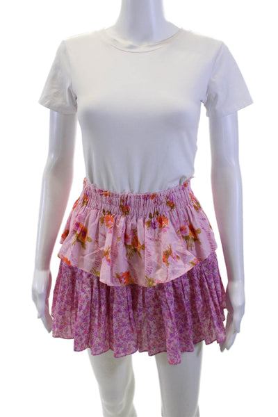 Love Shack Fancy Women Pink Floral Cotton Peasant Mini Skirt Size XS