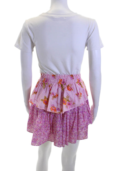 Love Shack Fancy Women Pink Floral Cotton Peasant Mini Skirt Size XS