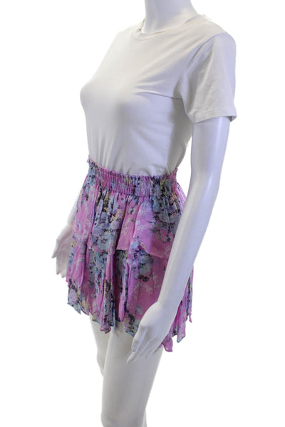 Love Shack Fancy Womens Peasant Mini Skirt Pink Floral Viscose Size XS