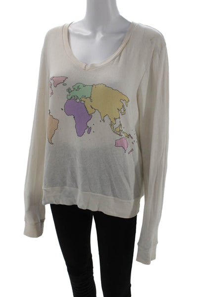 Wildfox, Womens Pullover Sweatshirt Beige Graphic Round Neck Long Sleeve Size M