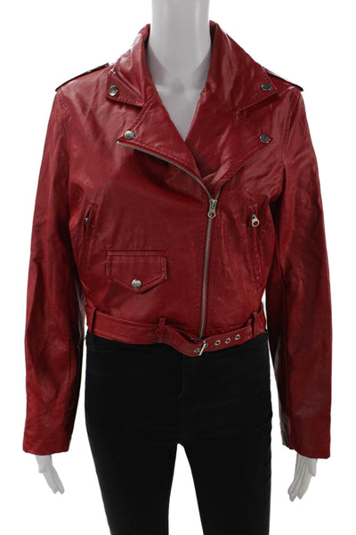Nude Womens Biker Motorcycle Jacket Red Buckle Collared Long Sleeve Size M
