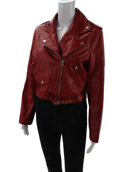 Nude Womens Biker Motorcycle Jacket Red Buckle Collared Long Sleeve Size M