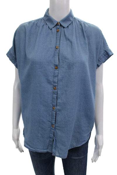 Madewell Women Collared Short Sleeve Cotton Button-Up Blouse Blue Size 2XS