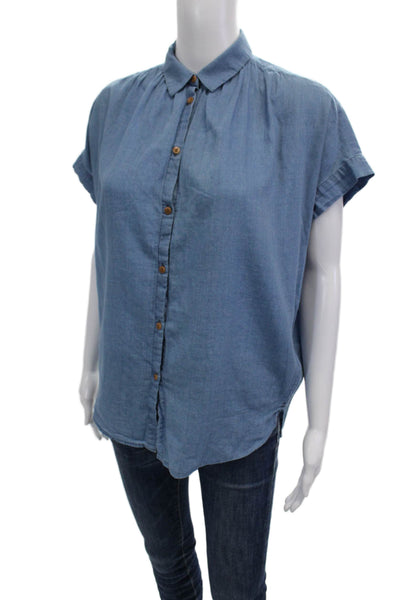 Madewell Women Collared Short Sleeve Cotton Button-Up Blouse Blue Size 2XS