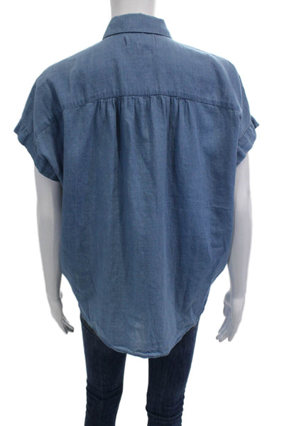 Madewell Women Collared Short Sleeve Cotton Button-Up Blouse Blue Size 2XS