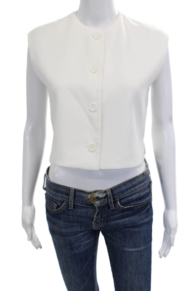 Zara Women Cropped Sleeveless Button-Up Top White Polyester Crew Neck Size XS