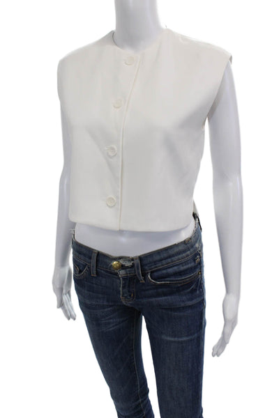 Zara Women Cropped Sleeveless Button-Up Top White Polyester Crew Neck Size XS