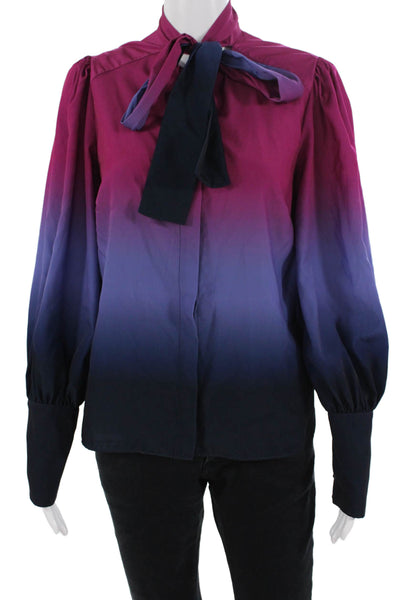 Tanya Taylor Women Purple High Neck Long Sleeve Button-Up Blouse Size 4