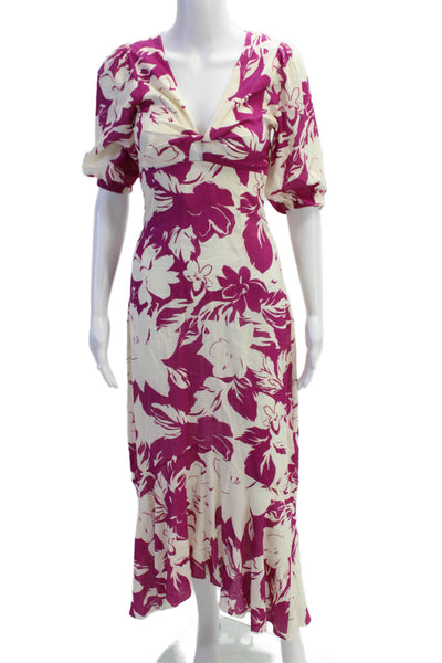 Misa Women Beige Floral V-Neck Maxi Sundress Midi Zip Size 2XS