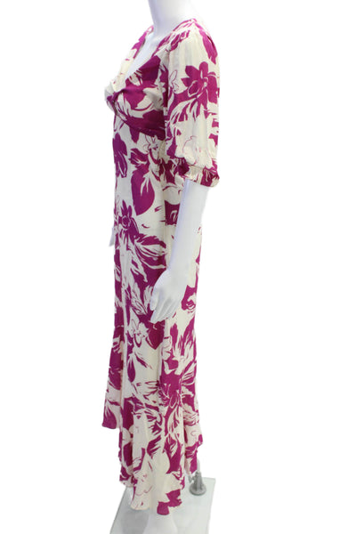 Misa Women Beige Floral V-Neck Maxi Sundress Midi Zip Size 2XS