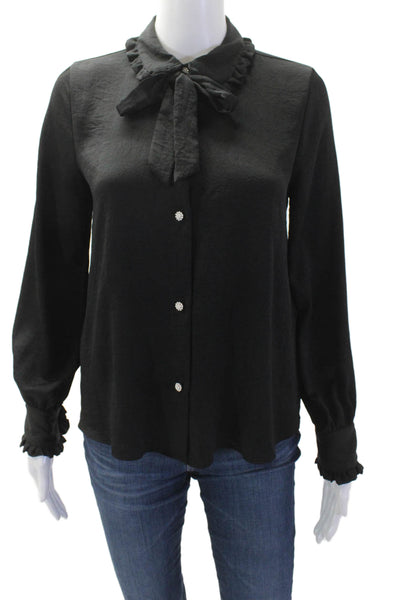 Zara Women Collared Black Button-Up Blouse Long Sleeve Polyester Size XS