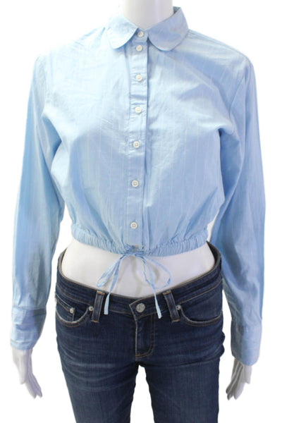 J Crew Women Striped Light Blue Cropped Button-Up Cotton Top Size 2XS