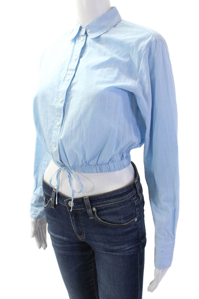 J Crew Women Striped Light Blue Cropped Button-Up Cotton Top Size 2XS