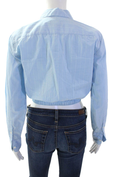 J Crew Women Striped Light Blue Cropped Button-Up Cotton Top Size 2XS