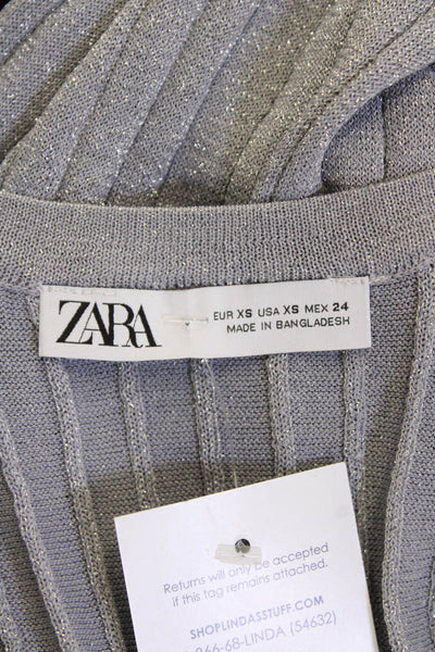Zara Women Gray Striped Basic Tank Round Neck Sleeveless Size XS