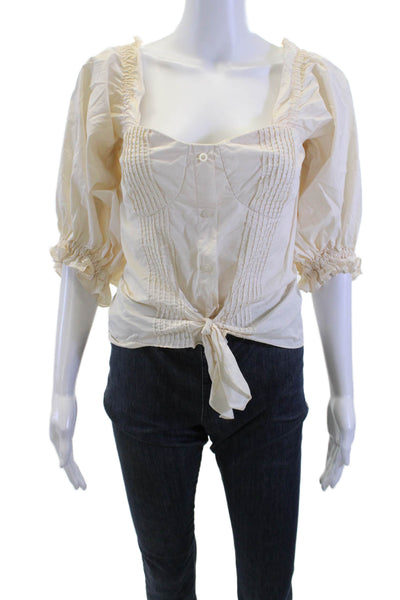 Johanne Ortiz, Women Blouse Beige Bohemian Square Neck Short Sleeve Size 10