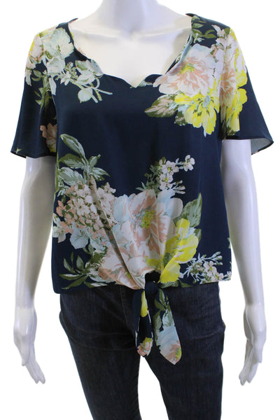 Socialite Women Dark Blue Floral Tie Short Sleeve Polyester Blouse Size S