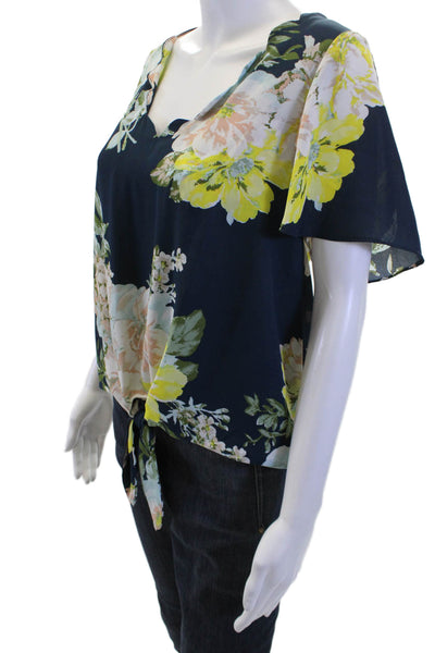 Socialite Women Dark Blue Floral Tie Short Sleeve Polyester Blouse Size S