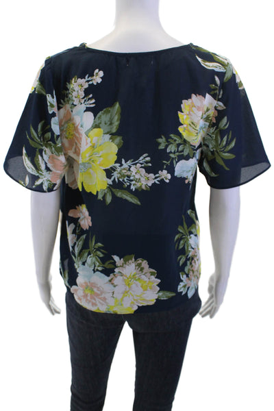 Socialite Women Dark Blue Floral Tie Short Sleeve Polyester Blouse Size S
