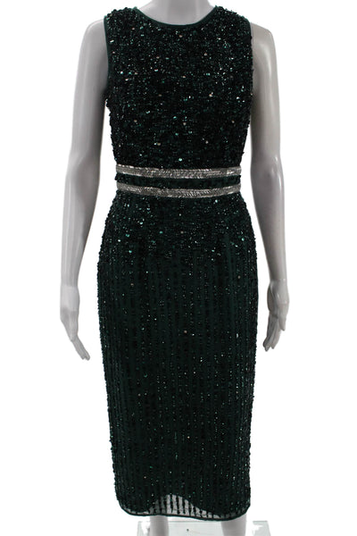 Mac Duggal Women Sheath Green Midi Dress Sleeveless Crew Neck Size 2