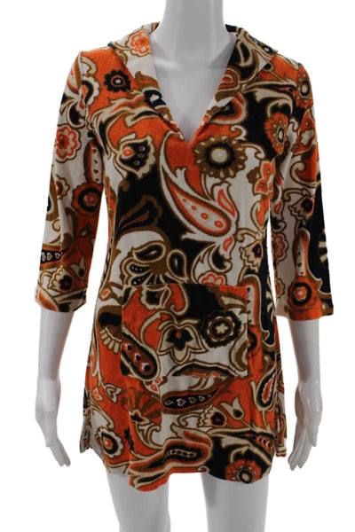 J Crew Women Tunic Paisley V-Neck 3/4 Sleeve Short Black Cotton Blend Size XS