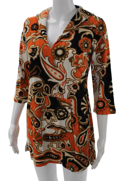 J Crew Women Tunic Paisley V-Neck 3/4 Sleeve Short Black Cotton Blend Size XS