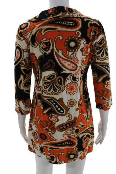 J Crew Women Tunic Paisley V-Neck 3/4 Sleeve Short Black Cotton Blend Size XS