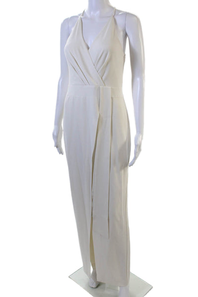 Halston Women White V-Neck Sleeveless Jumpsuit 95% Polyester Size 2