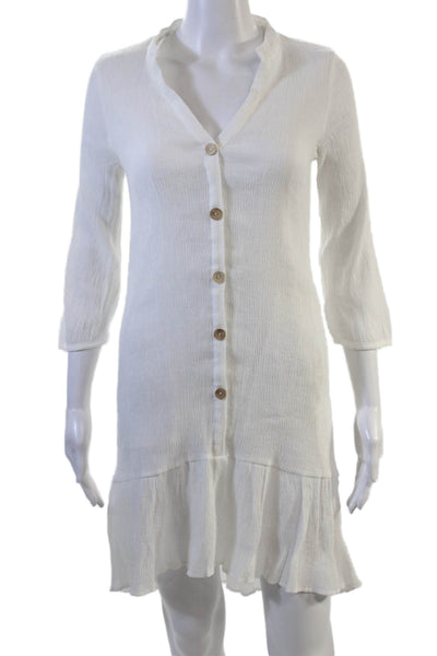 Zara Women Shirt Dress White V-Neck 3/4 Sleeve Button 100% Cotton Size S