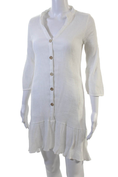 Zara Women Shirt Dress White V-Neck 3/4 Sleeve Button 100% Cotton Size S