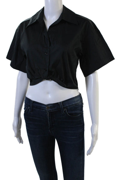 Marella Womens Cropped Button-Up Collared Short Sleeve Black Cotton Top Size 38
