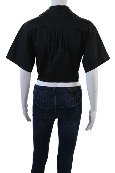 Marella Womens Cropped Button-Up Collared Short Sleeve Black Cotton Top Size 38