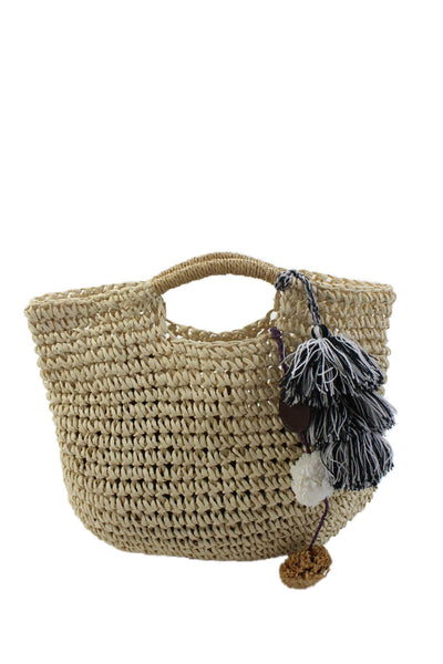 Mark and Graham Womens Paper Woven Fringe Detail Medium Top Handle Beige Bag