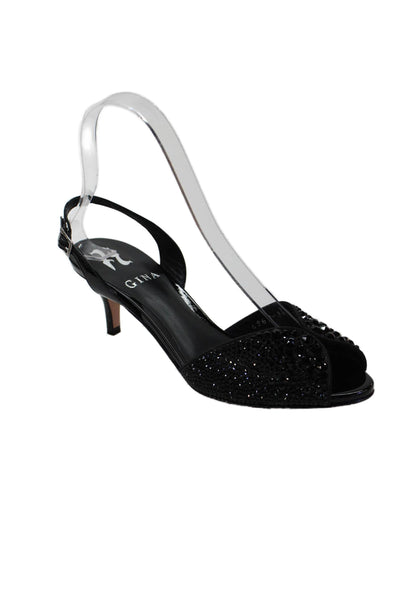 Gina Womens Stiletto Rhinestone Slingback Peep Toe Sandals Black Leather Size 36
