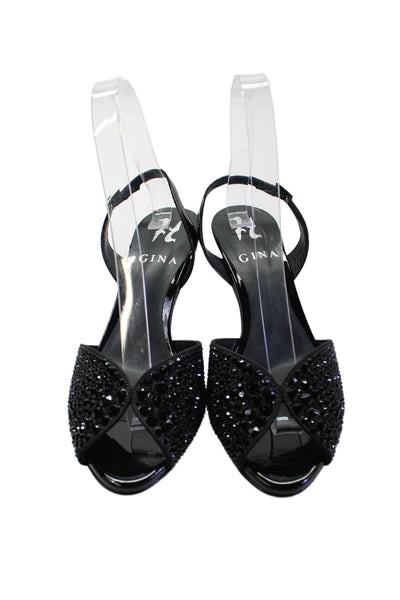 Gina Womens Stiletto Rhinestone Slingback Peep Toe Sandals Black Leather Size 36
