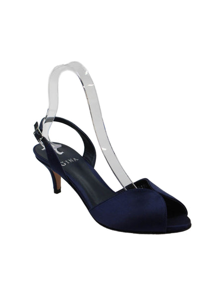Gina Womens Stiletto Heel Satin Peep Toe Slingback Sandals Navy Blue Size 36