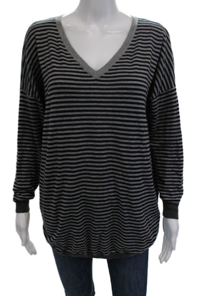 Joie Women Striped V-Neck Pullover Sweater Black Wool Blend Long Sleeve Size M