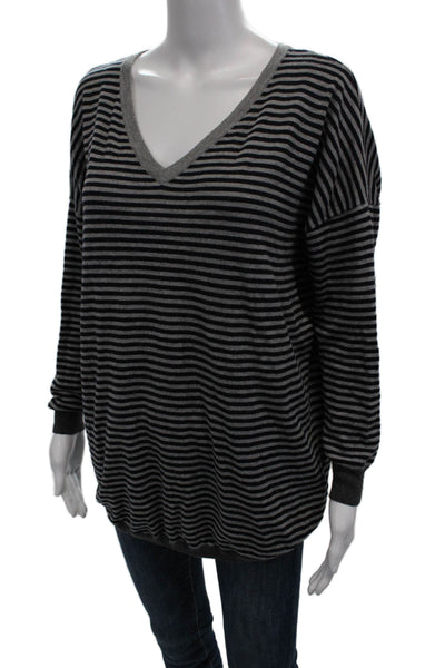Joie Women Striped V-Neck Pullover Sweater Black Wool Blend Long Sleeve Size M