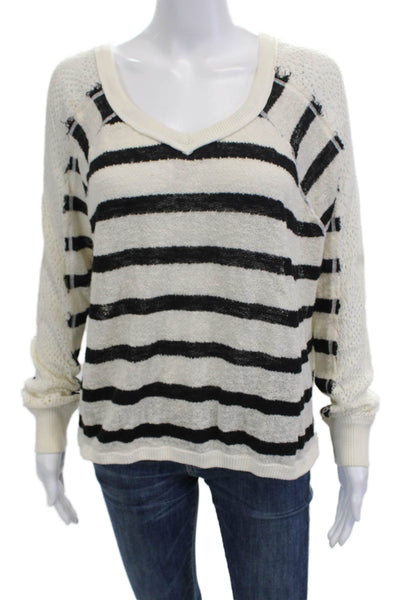 We The Free Womens Pullover V-Neck Striped Cotton Boho Beige Size S