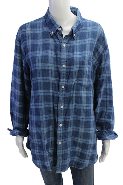 J Crew Mens Button-Down Plaid Cotton Blend Collared Long Sleeve Blue Size XL