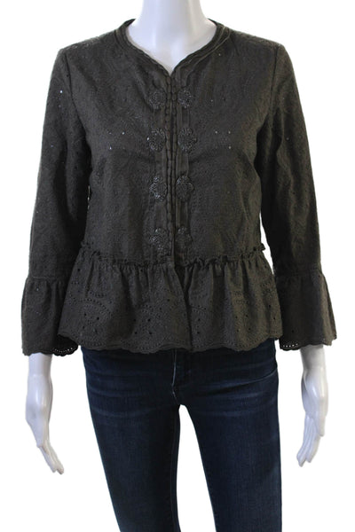 Elie Tahari Women Black Paisley Cotton Blouse Long Sleeve Round Neck Size S