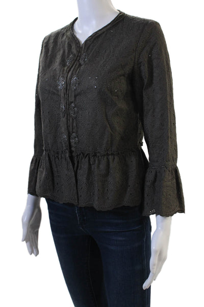 Elie Tahari Women Black Paisley Cotton Blouse Long Sleeve Round Neck Size S