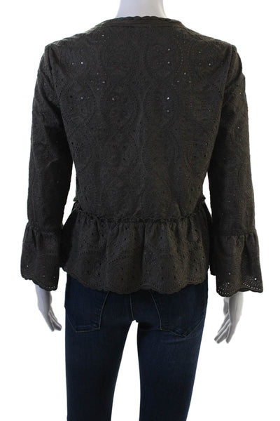 Elie Tahari Women Black Paisley Cotton Blouse Long Sleeve Round Neck Size S