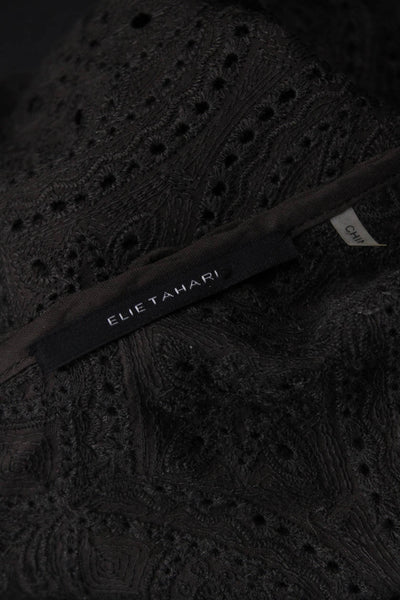 Elie Tahari Women Black Paisley Cotton Blouse Long Sleeve Round Neck Size S