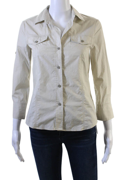 Theory Women Collared 100% Cotton Beige Button-Up Long Sleeve Solid Size 0P