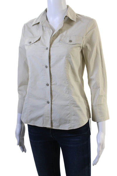 Theory Women Collared 100% Cotton Beige Button-Up Long Sleeve Solid Size 0P